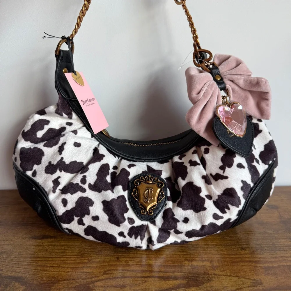New Juicy Couture Romance Cow Hobo Shoulder Handbag Black Pink Bow Y2K Cute